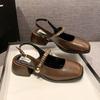 African Woman Shoe Mary Jane Summer High Heels Chunky Sandals Navy Blue Pumps Sweet 2024 Burgundy Straps Lolita Closed Black Bei