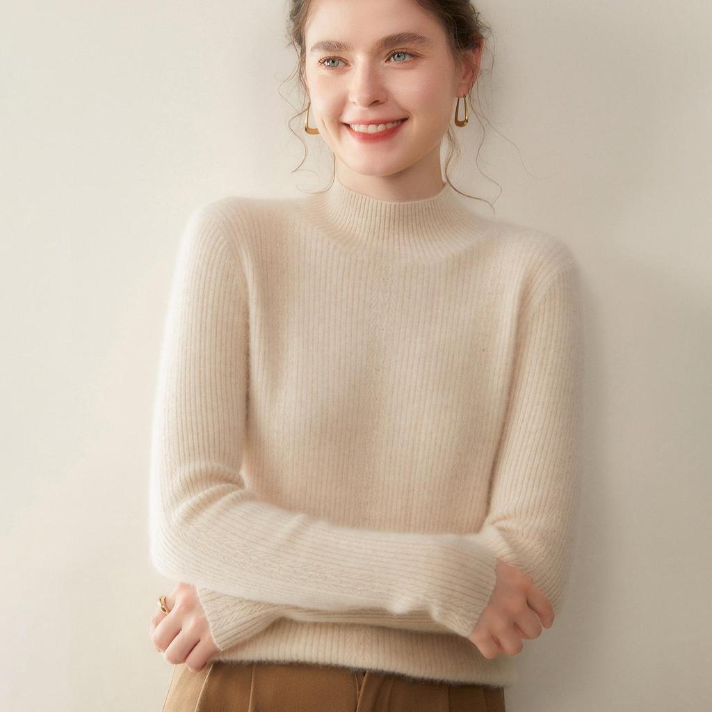 Damen Schlank Geschnittener Rippstrick Kaschmirpullover - Halber Rollkragen, Einfarbige, Perfekt für Herbst & Winter.