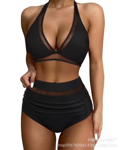 Women s Sexy High Waist Bikini Set Mesh Belly Tuck, Two-piece Swimsuit S