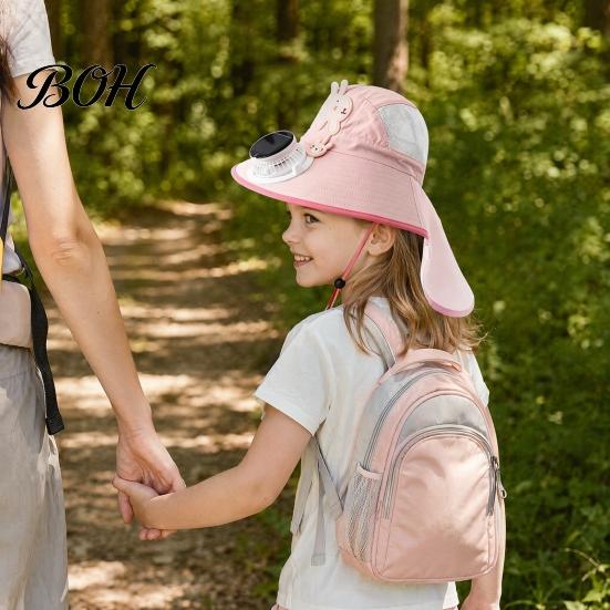 Baby Sun Hat With Fan Kids Cap with Built-in Solar Fan, Wide Brim Protection Cooling Hat, Breathable Mesh Fabric Summer Cartoon Pattern, Shawl Design