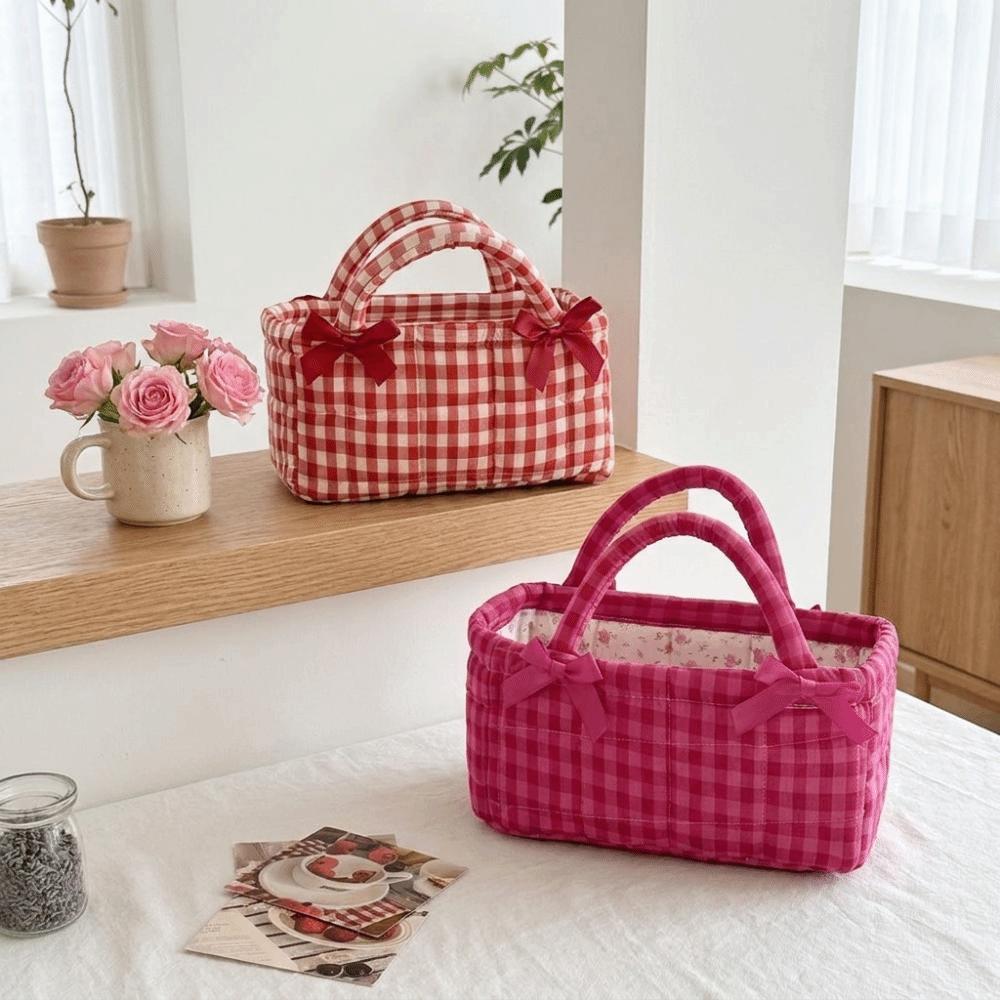 Quilted Craft Picnic Bag Plaid Design Storage Basket French Style Fabric Organizer Bedroom Use