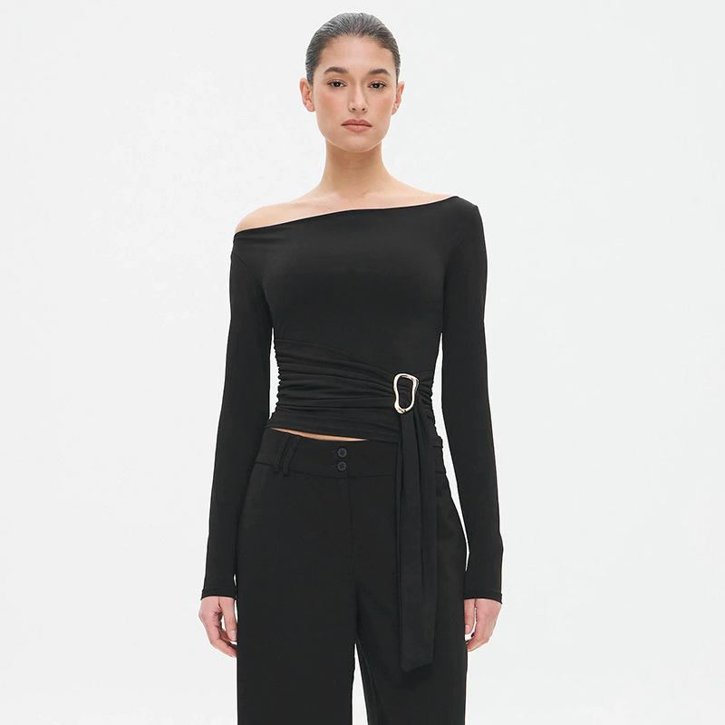 

Autumn Off-Shoulder Ribbon T-Shirt Top For Women Slim Fit Long Sleeve Metal Ring Female T-Shirt Top Bodycon Elegant S чёрный