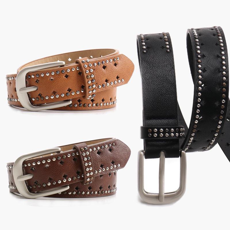 Women's Y2K Perforated Leather Belt with Double Row Rivets – Punk Niche Design for Versatile Jeans