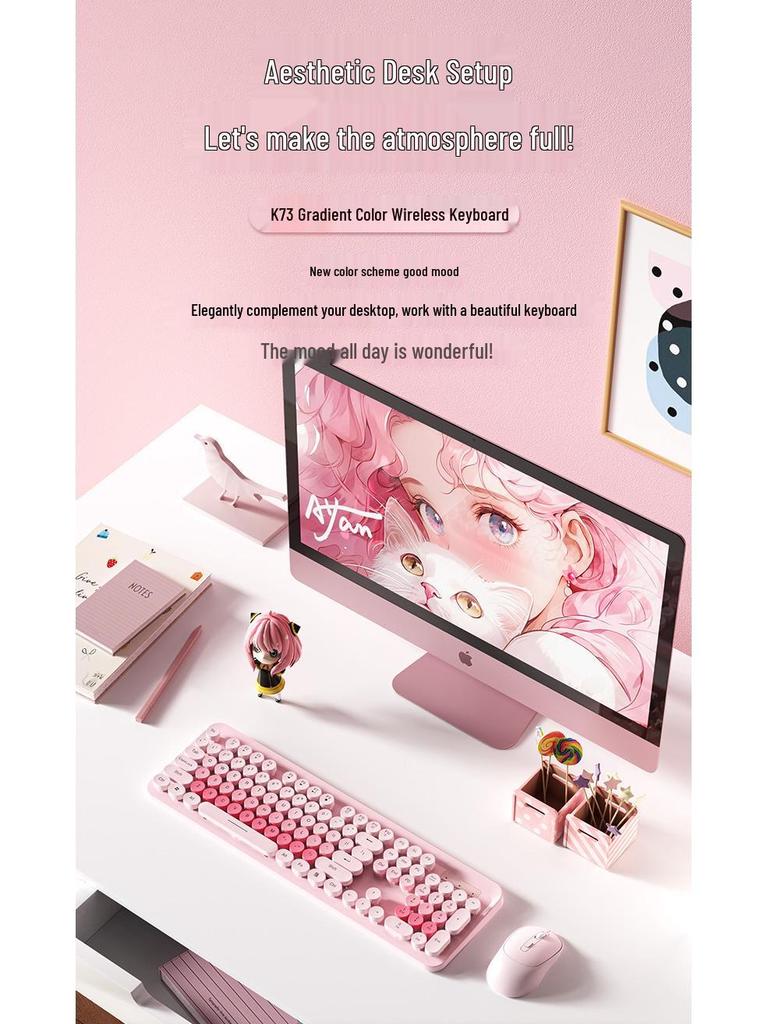 K73 Punk Retro Wireless Keyboard & Mouse Set - Colorful, Quiet, Round Keys for Girls' Office