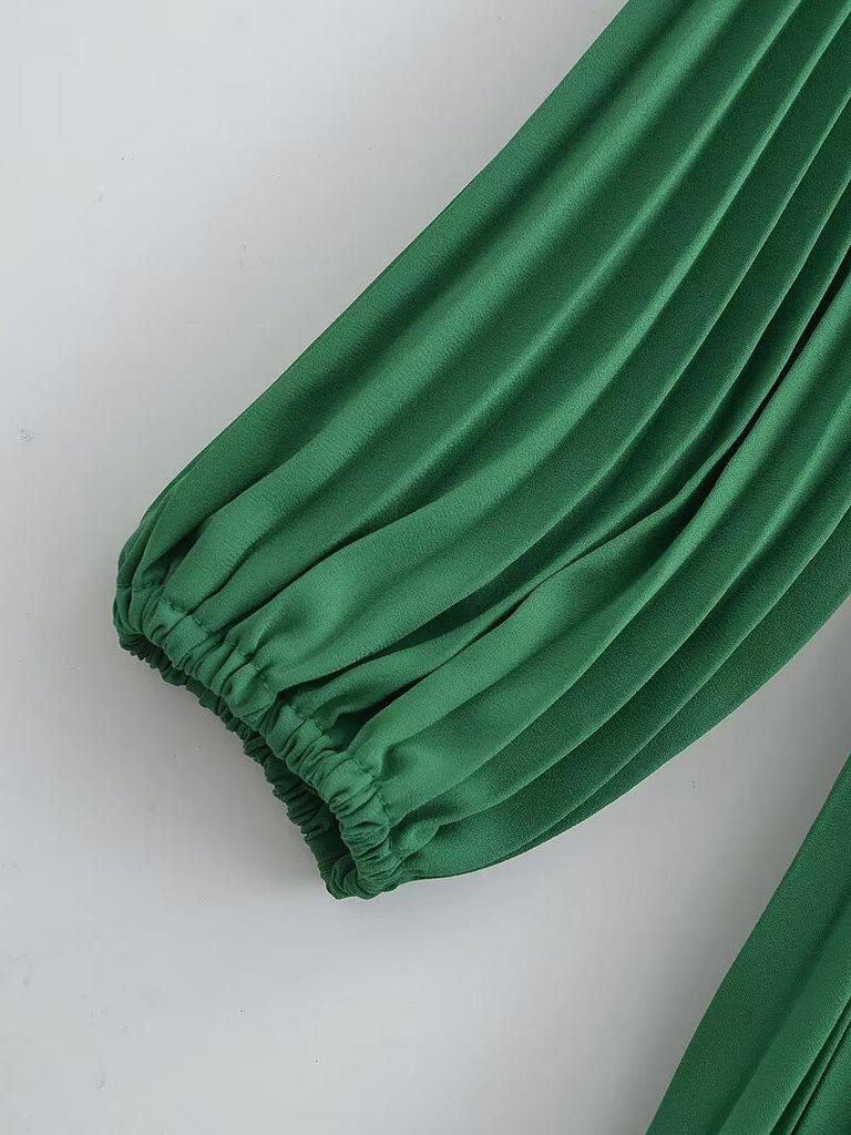 2025 Spring/Autumn Women's Fashion Crew Neck Long Sleeve Belted Pleated Maxi Dress