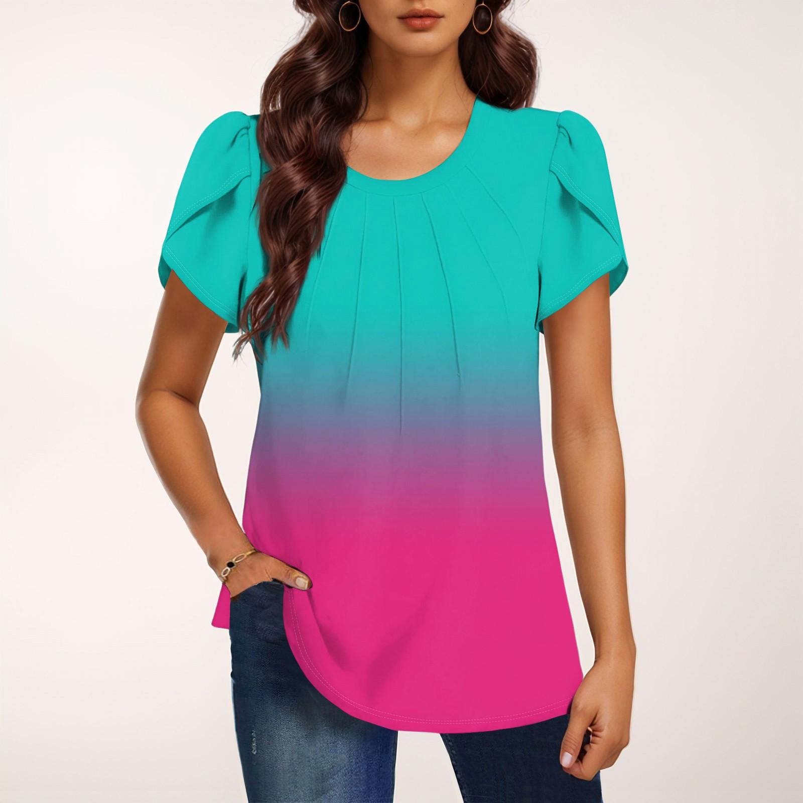 

Женская модная футболка с круглым вырезом и коротким рукавом с градиентным принтом, повседневная базовая плиссированная футболка-пуловер S циан