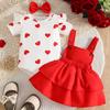 Baby Mädchen Sommer Kurzarm Strampler mit Herz-Print Latzkleid und Schleifen-Haarband 3-teiliges Set Kleinkind Outfit