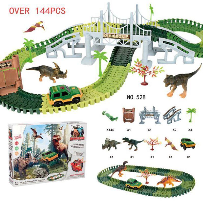 Explore The 144pcs Dinosaur Dino World Kid Flexible Race Car Track Play Set