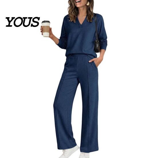 Damen Lässiges Loungewear Sweatshirt Hosen 2-teiliges Set, V-Ausschnitt Langarm Oberteil & Weiter V-Ausschnitt Pullover Sets Hosen mit Elastischem Bund, Einfarbig