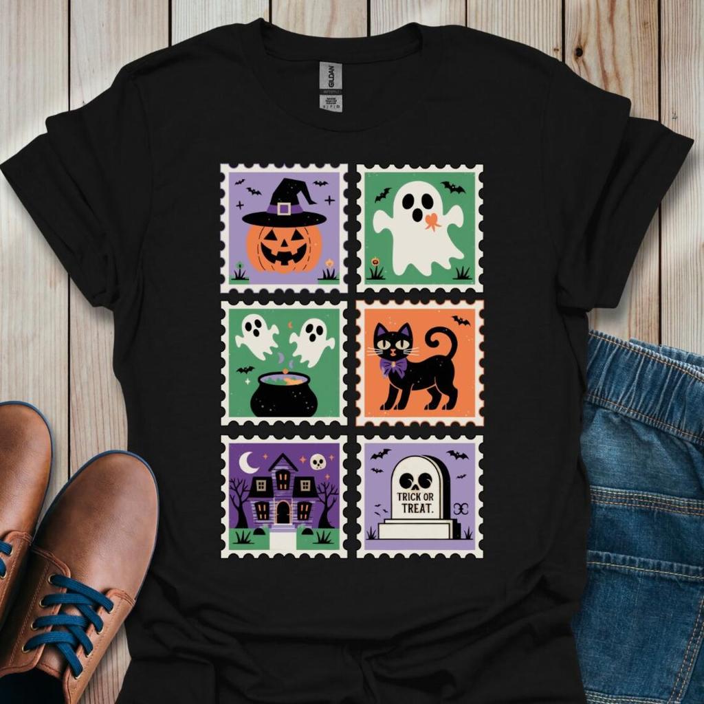 Retro Halloween Ghost Cat TShirt Spooky Witch Haunted House T Shirt Fashion Women T Shirt Tops Short Sleeves Black Tshirt