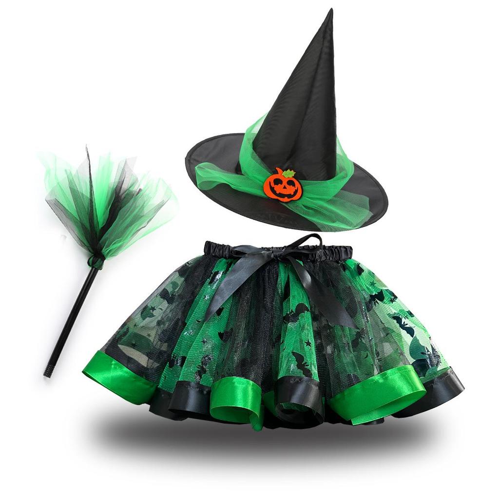 Girls' Halloween Tutu, Witch Hat & Broomstick Fluffy Skirt Set
