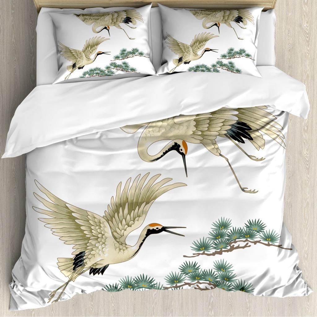 Crane Duvet Set Japanese Tree Bedding Three-Piece Room Decoration Animal Ukiyo-E Style Quilt Cover