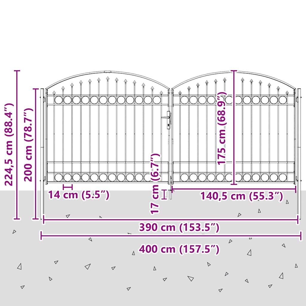 Gartentor ASSEN Doppeltür mit Rundbogen Stahl 400 x 175 cm
