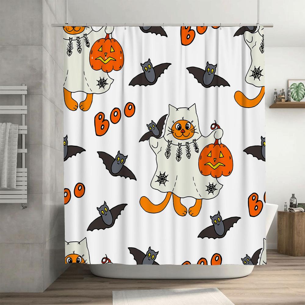 Whimsical Halloween Shower Curtain SetCats Pumpkins Decor White Fabric Waterproof Bath Liner for Kids Room Home Decoration (Whit