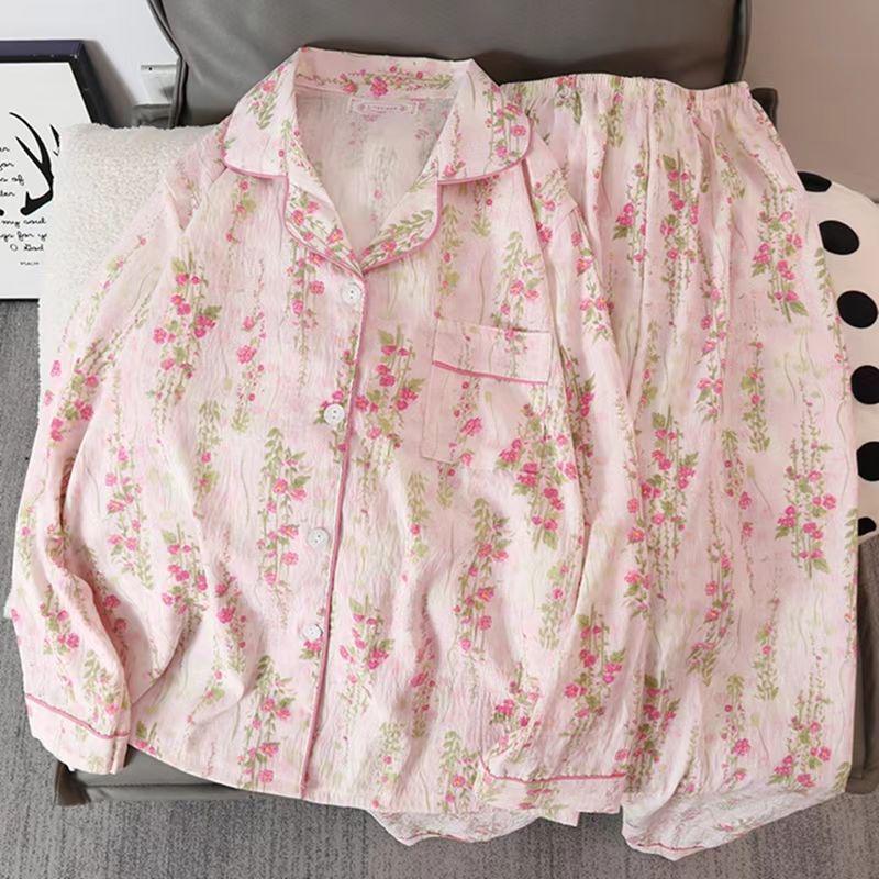 Damski komplet piżamy ze 100% bawełny Cloud Cotton: Top z długim rękawem i spodnie, dziewczęcy styl, odzież domowa na wiosnę i jesień.