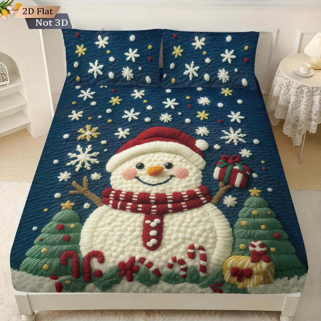 3-teiliges Frohe Weihnachten Schneemann-Druck Kernloses Bettlaken-Set Mehrere Größen Bequeme Bettdecke Schlafzimmer Bettwäsche Feiertagsdekoration