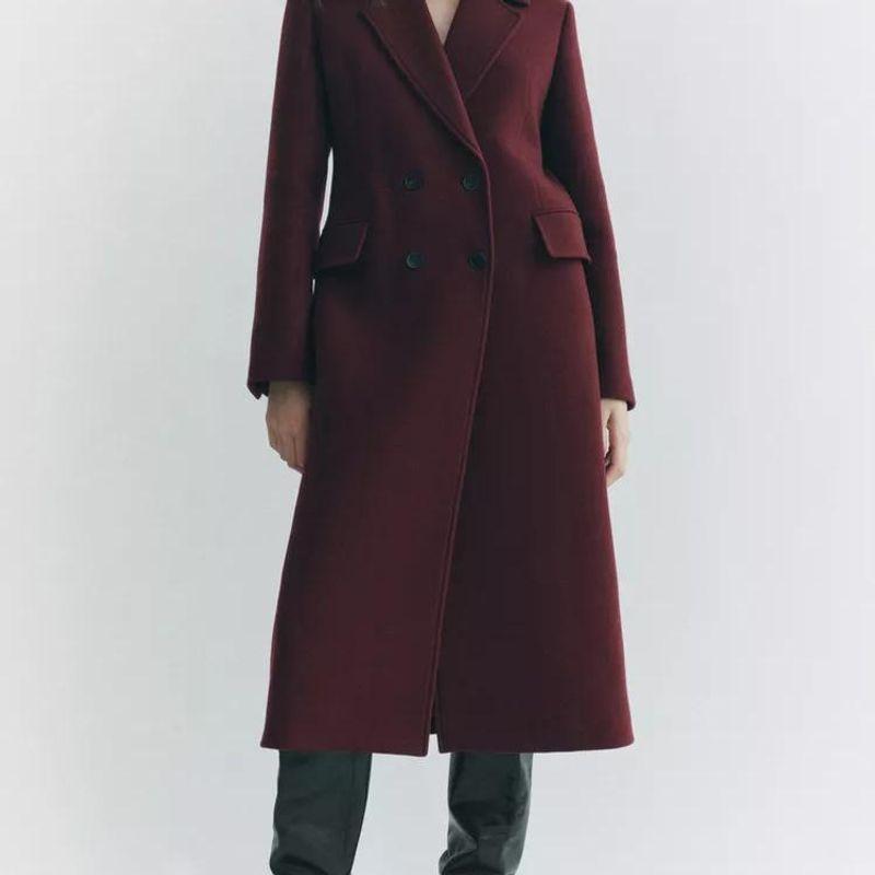 Autumn and Winter New Women clothes Lapel Loose Double Breasted Wine Red Wool blend coat Outerwear 9231756