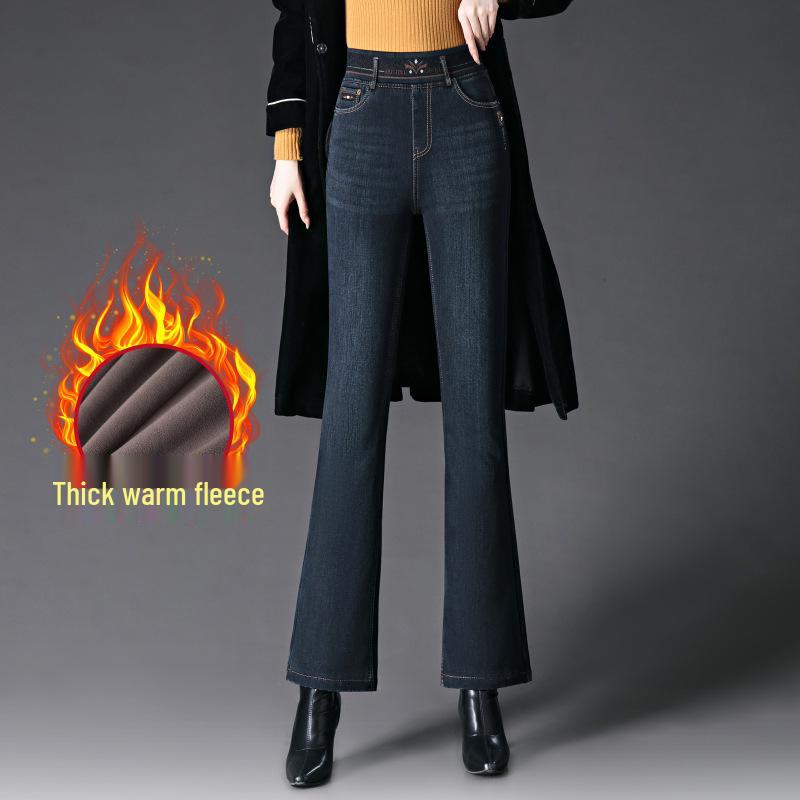 Women s Fleece-Lined Flared Jeans: Slimming, High-Waisted, Elastic, Comfortable, Versatile Fit 5XL