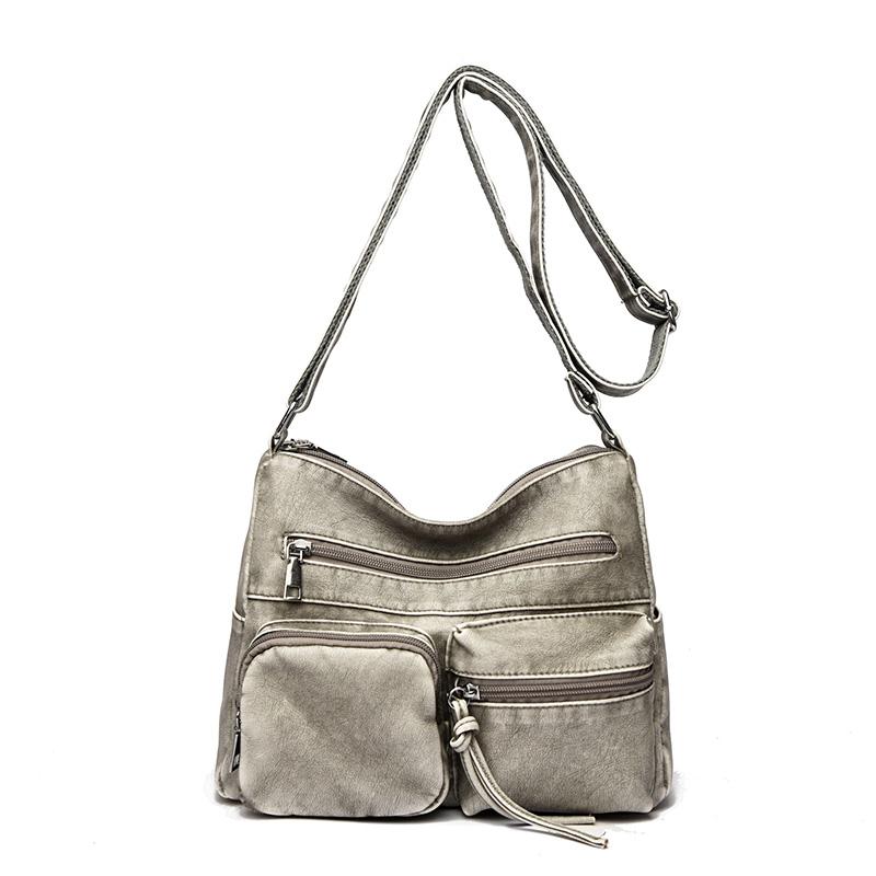 

Женская сумка Винтажная сумка через плечо из мягкой кожи Многокарманная Вместительная сумка кроссбоди светло-серый