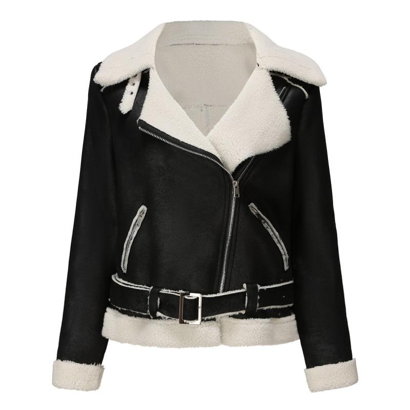 Womens Faux Suede Leather Jacket With Fur Collar Fall Winter Warm Outerwear Long Sleeve Zipper Coat