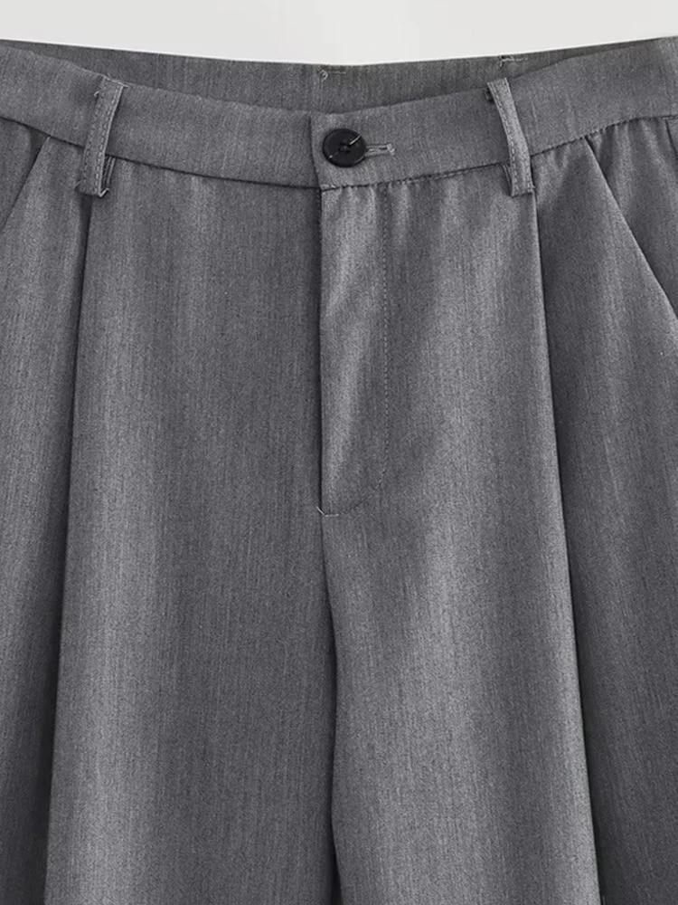 Pantalones informales de pierna ancha plisado para Mujer, pantalón Vintage de cintura alta con cremallera, pantalón largo completo con bolsillo y botones para oficina