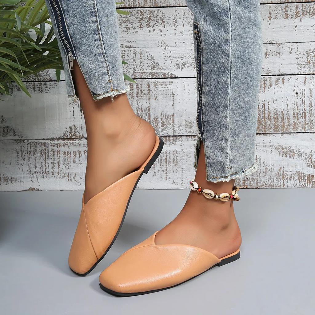 Fashion Women Mules Summer Elegant Square Closed Toe Flat Slippers Female Shoes Casual Leather Black White Slides Plus Size 35-43