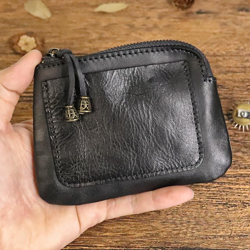 Vintage Vegetable Tanned Leather Coin Purse for Women's Adult Small Wallet, Handmade Old, Color Wiped, Niche Mini Coin Card Bag