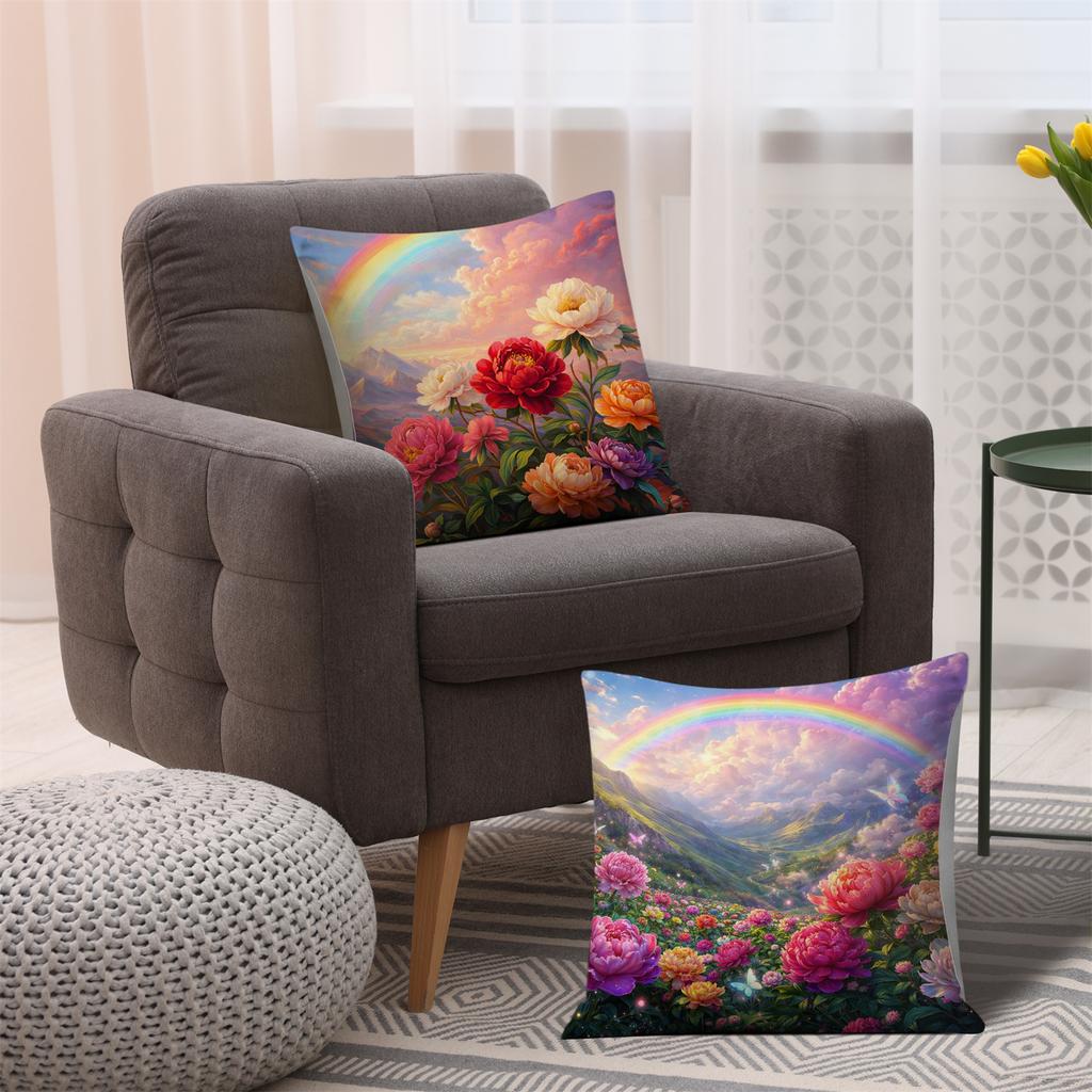 4Pcs Rainbow Peony Flower Sea Digital Printing Pillow Cover Short Plush Suitable Living Rooms Bedrooms Sofas Throw Cushion Cover