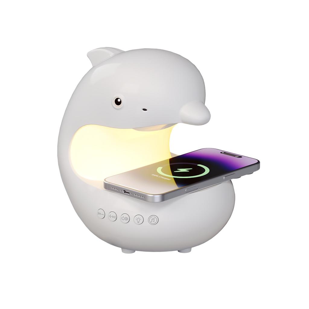 Wireless Charging Night Light Cute Dolphin Mood Colorful Ambient Lighting Bluetooth Speaker Bedroom Bedside Table Lamp