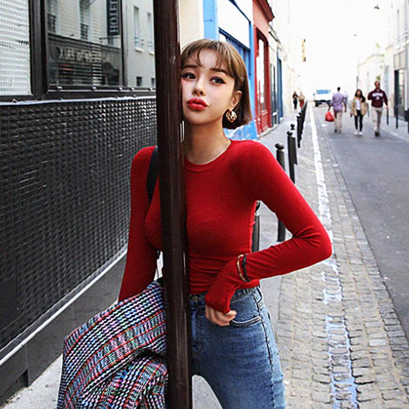 Korean Dongdaemun Slimming Long-Sleeve Figure-Flattering Women's Base Layer Top with Same-Day Delivery