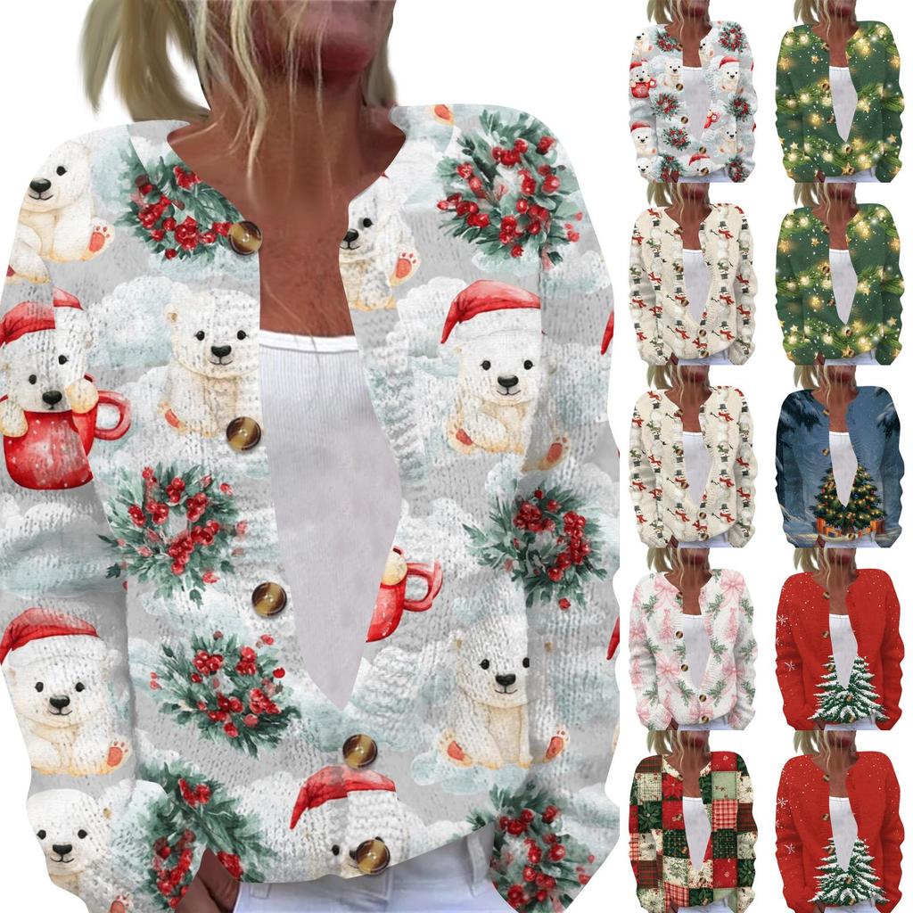 Women's Christmas Print Long Sleeve Knit Cardigan Button Down Sweater