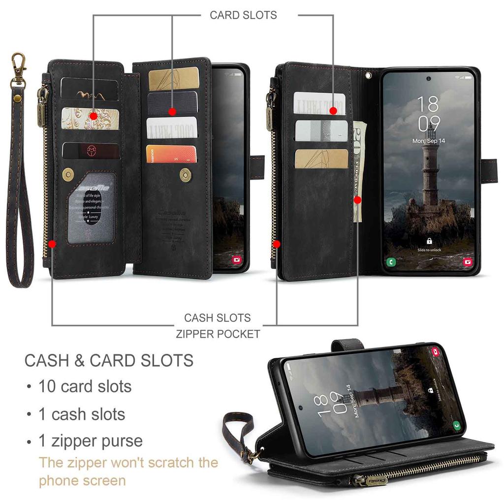 For Samsung Galaxy A55 A35 A25 5G (2025) Wallet Case, Durable PU Leather Magnetic Flip Strap Wristlet Zipper Card Holder Cover