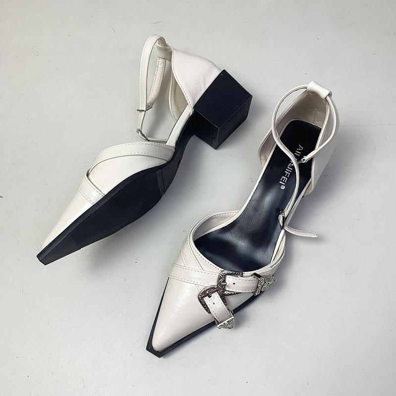 Fashion Footwear Ankle Strap Pumps Ladies Medium Heels Shoes Shallow Female Buckle Fashion Pointed Toe Women Square Heels Shoes