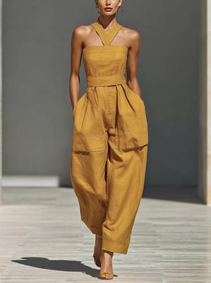 Tuta da donna con incrocio sulla schiena e scollo all'americana in misto lino, vestibilità ampia, Edizione 2026.