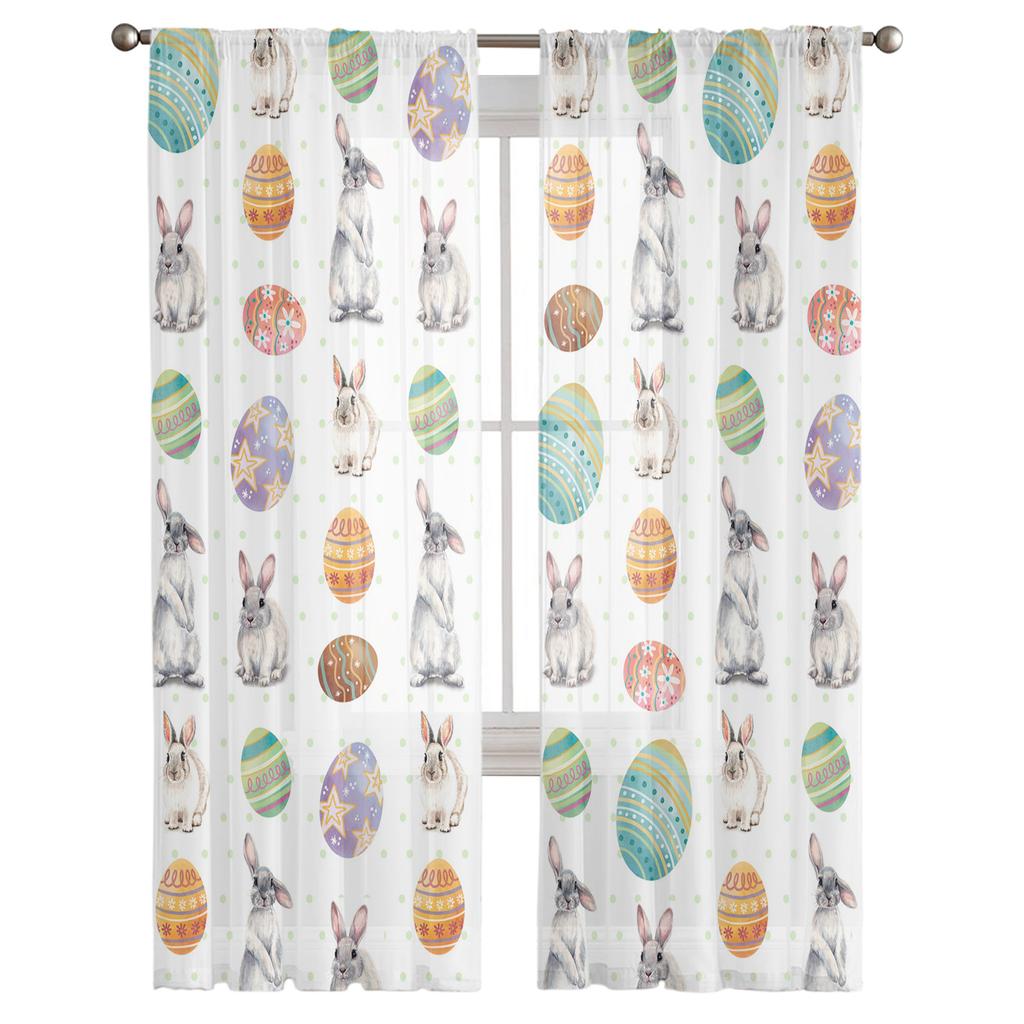 Easter Bunny Eggs Dots White Tulle Curtains For Living Room Bedroom Voile Sheer Curtain Window Home Decor Drapes