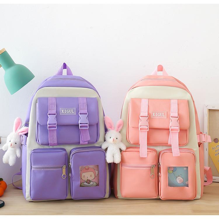 New Cartoon Style Student Backpack High Capacity Nylon Breathable Book Bag For Middle School Girls Pink Black Purple Blue