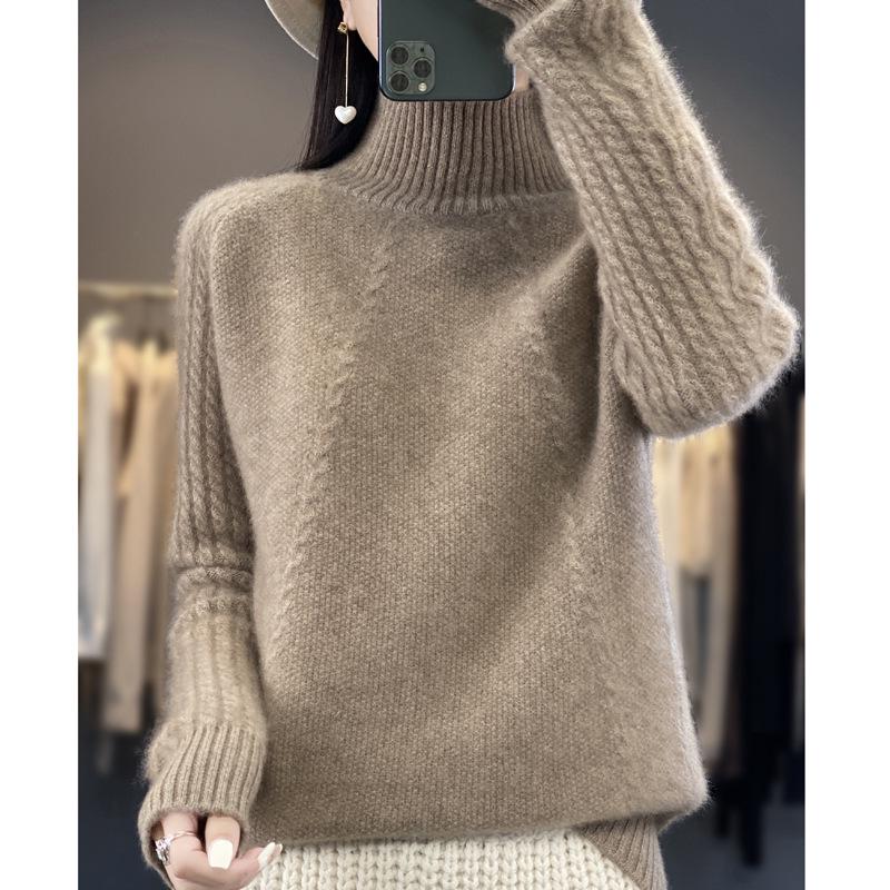 Women's 100% Pure Wool Half-High Collar Knit Sweater for Autumn and Winter