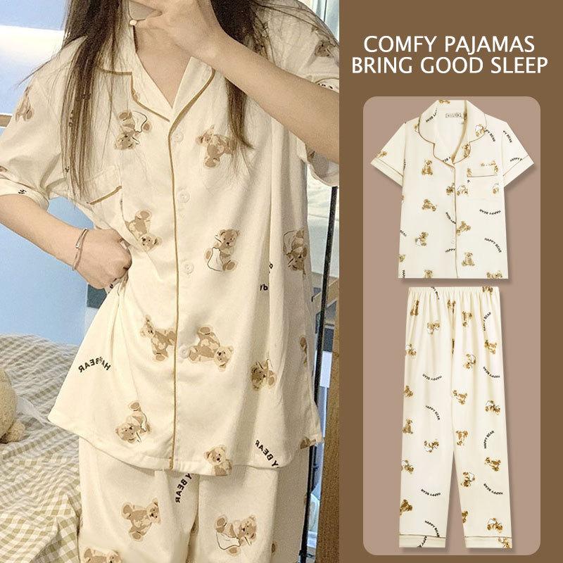 Japanese Kitty Cat Pajamas Women's Summer Thin Short-sleeved Trousers Loose Plus Size Girl Raw Loungewear Set