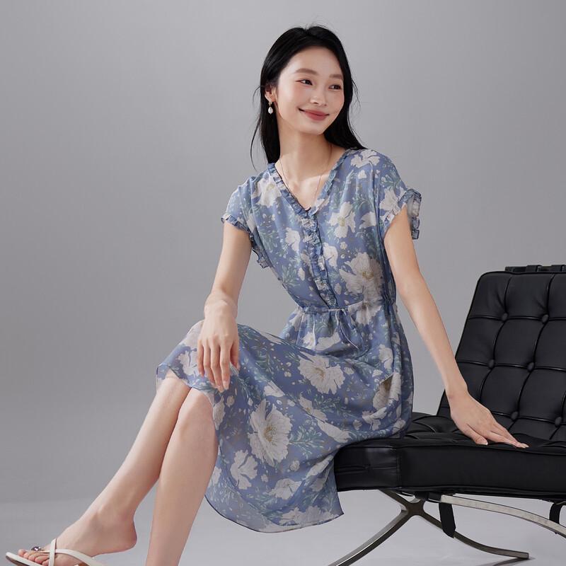 SOFSIL 2026 Sommerliches Blumiges V-Ausschnitt Kurzarm Midi-Kleid