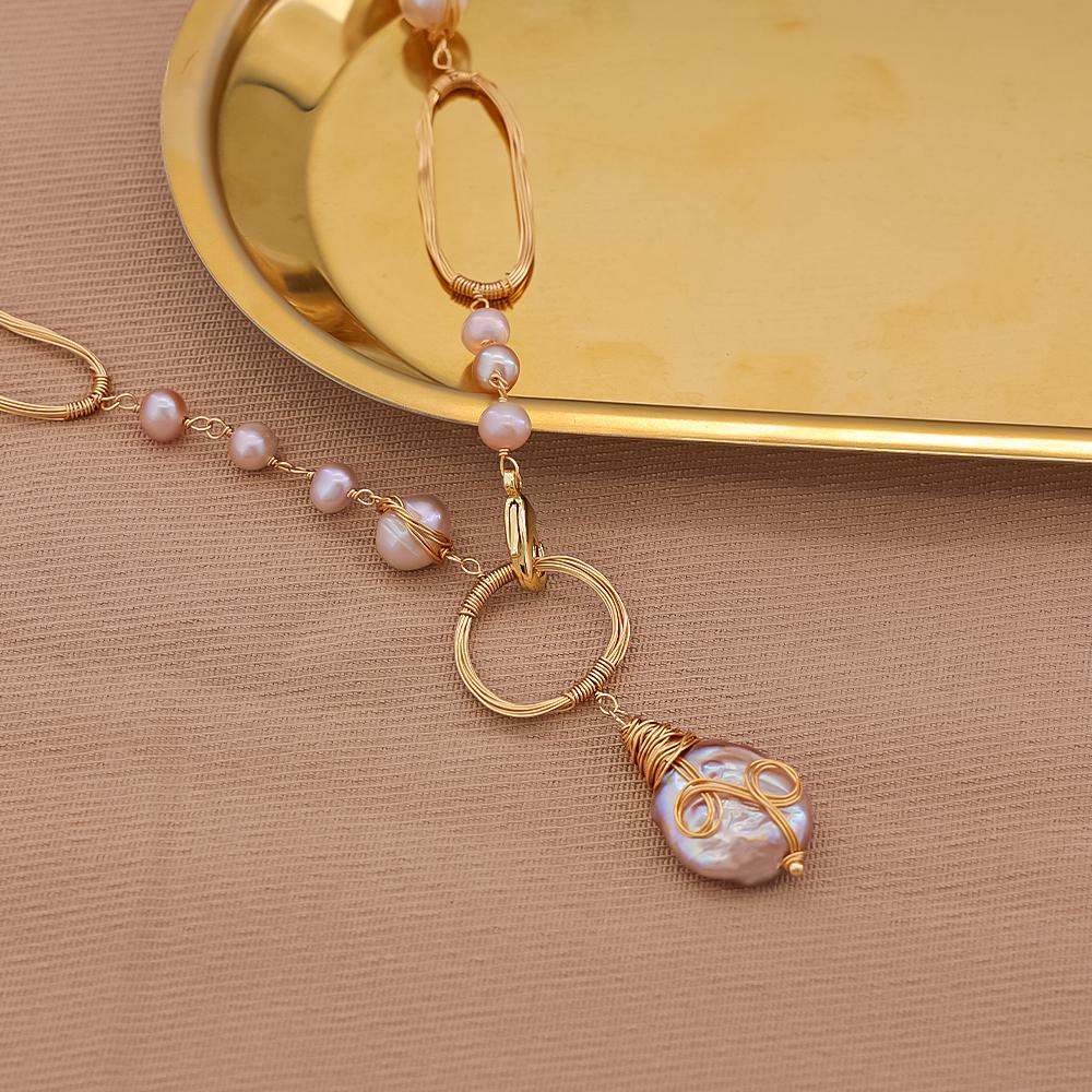2022 Trendy Necklace Natural Freshwater Pearl Chain Necklace Hollowed Cut Handmade Jewelry for Women
