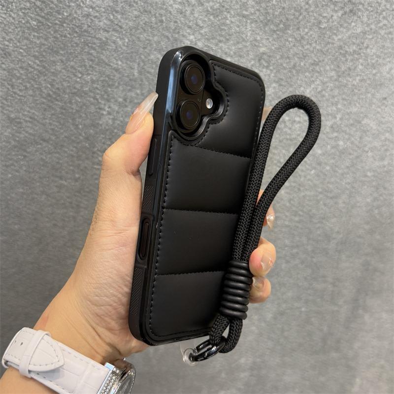 Módní péřová bunda Pouzdro s popruhem na zápěstí pro iPhone 15 16 Pro Max 14 Plus 11 12 13 S šňůrkou Jednobarevné Měkké Nárazuvzdorné Pouzdro