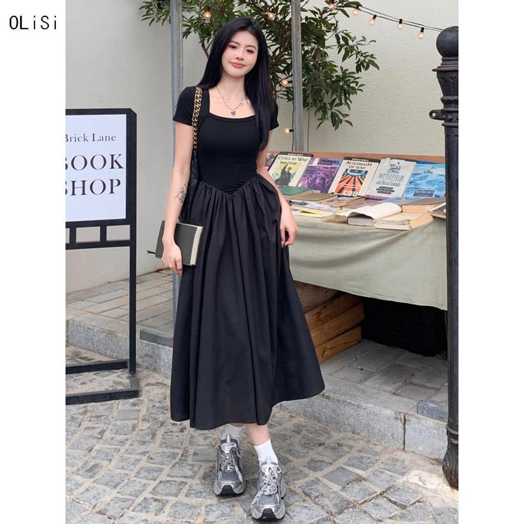 Hepburn Style Square Neck Black Slimming Spliced Dress
