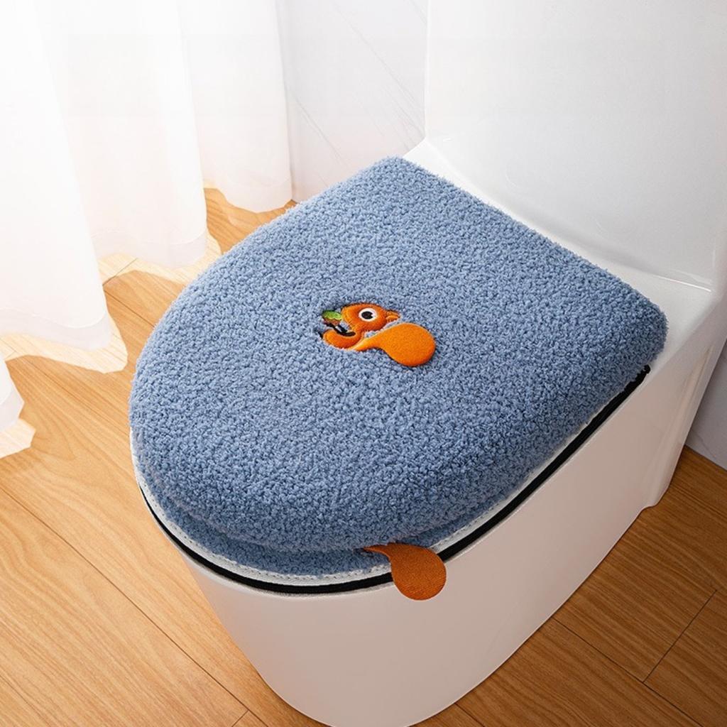 2PCS Toilet Seat Cushion Set Winter Warm Waterproof Soft Toilet Cover with Zipper and Handle Easy To Use Bathroom Accessories