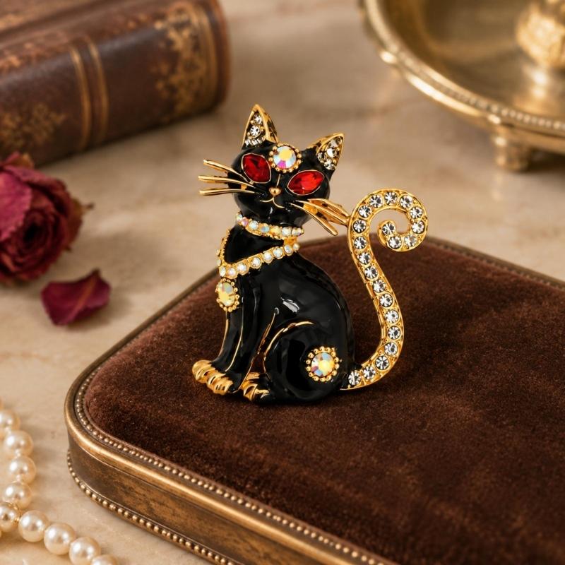 Jeweled Black Cats Brooch with Clear and Color-Shifting Stones, Gold-Tone Edging, and Pin-Back Closure for Sweaters, Scarves, Jackets, and Coats