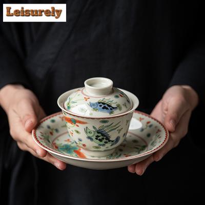 Antique Blue And White Three Talent Gaiwan Vintage Porcelain Bowls Tea Tureen Tea Making Cover Bowl Gong Fu Teaware Decoration