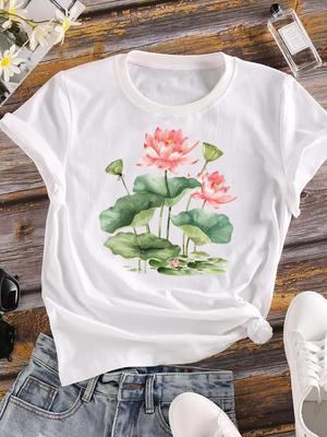 (Asian Size) Flower Watercolor Trend Lady Female Top Printed Women Casual T Shirt Fashion Graphic Short Sleeve T-shirts Tee Clothing