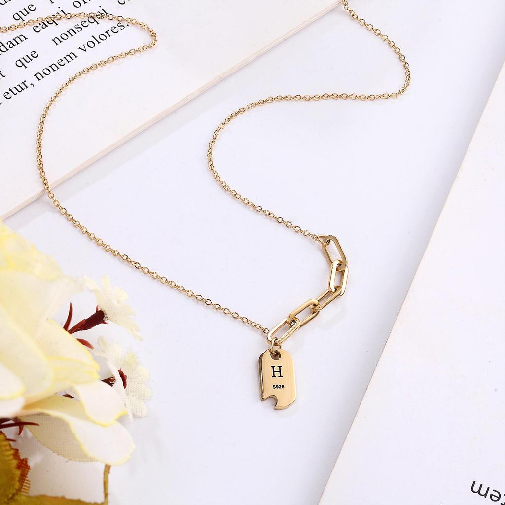 Retro European & American Fairy Titanium Steel Necklace, Women's 14k Water Wave Chain with Geometric Letter Cutout, s925 Design