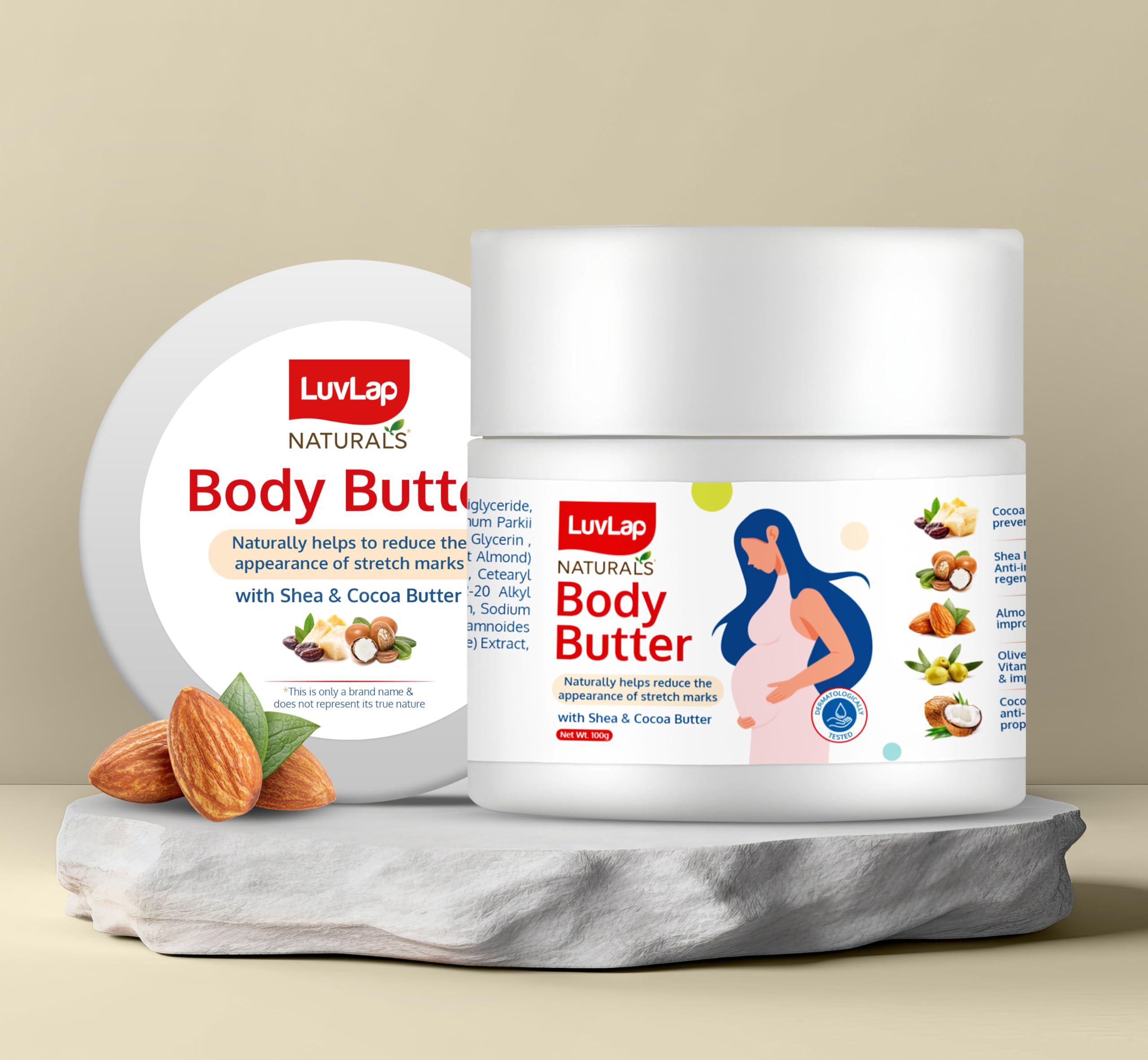 LuvLap Naturals Body Butter for Pregnant Belly, 100g, with Shea & Cocoa Butter, Almond, Olive & Coconut Oil, Gives Relief to Dry & Itchy Skin, St