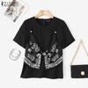 ZANZEA Women Summer Print Patchwork Casual Round Neck Short Sleeve T-Shirts