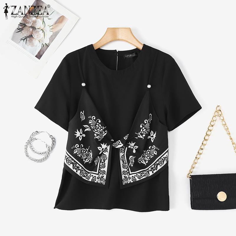 ZANZEA Women Summer Print Patchwork Casual Round Neck Short Sleeve T-Shirts